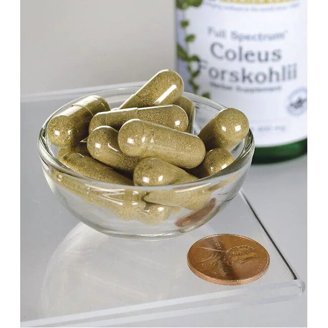 Swanson Coleus Forskohlii - 400 mg 60 capsule in una ciotola accanto a un centesimo.