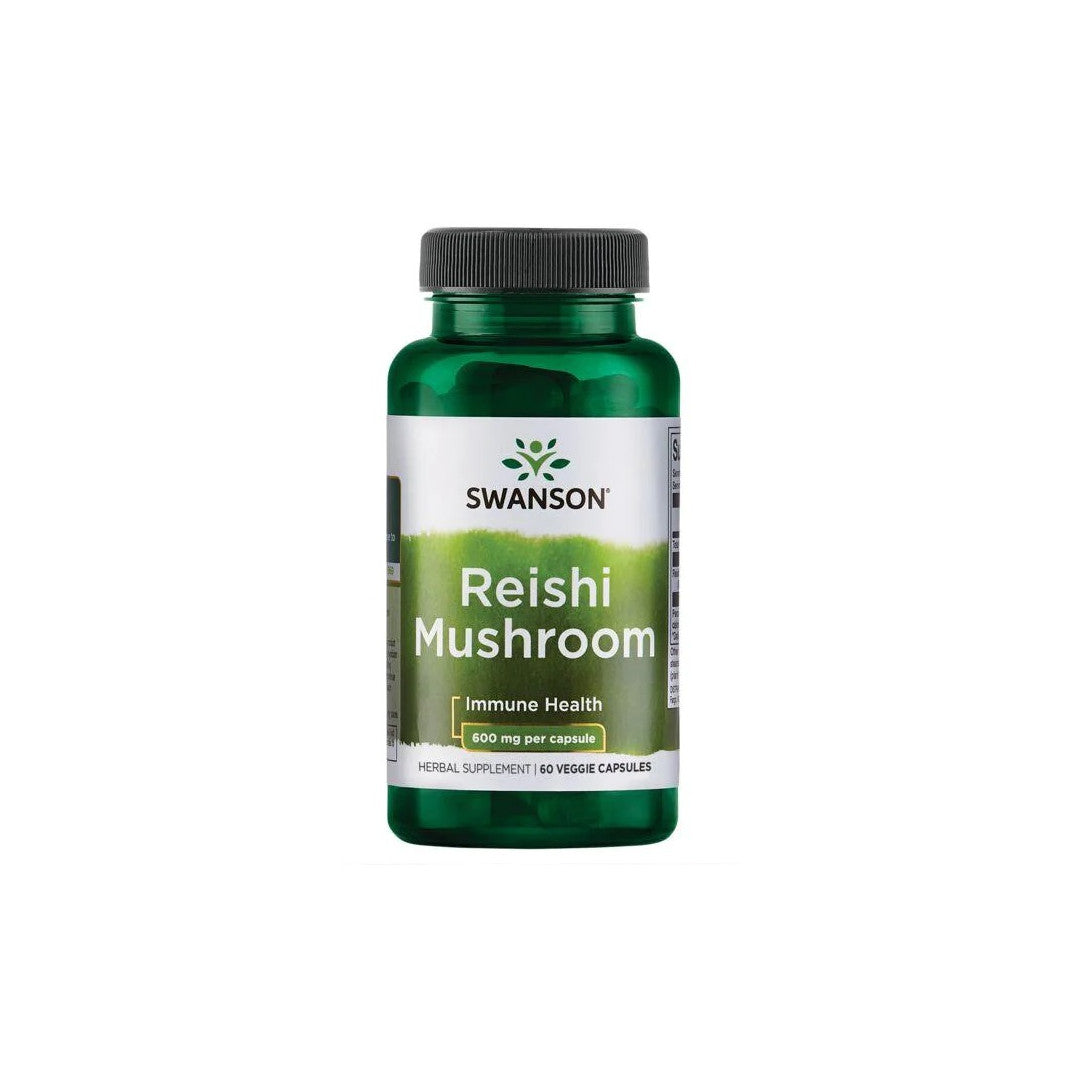 Un flacone di Swanson's Reishi Mushroom 600 mg 60 Veggie Capsules, noto per i suoi benefici per la salute immunitaria e le sue proprietà antiossidanti.