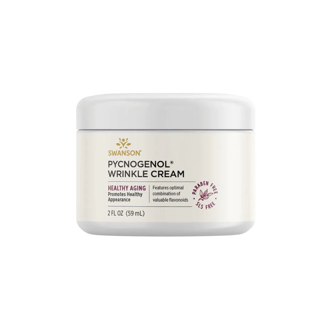 Un barattolo di Swanson Pycnogenol Wrinkle Cream 59 ml su uno sfondo bianco.