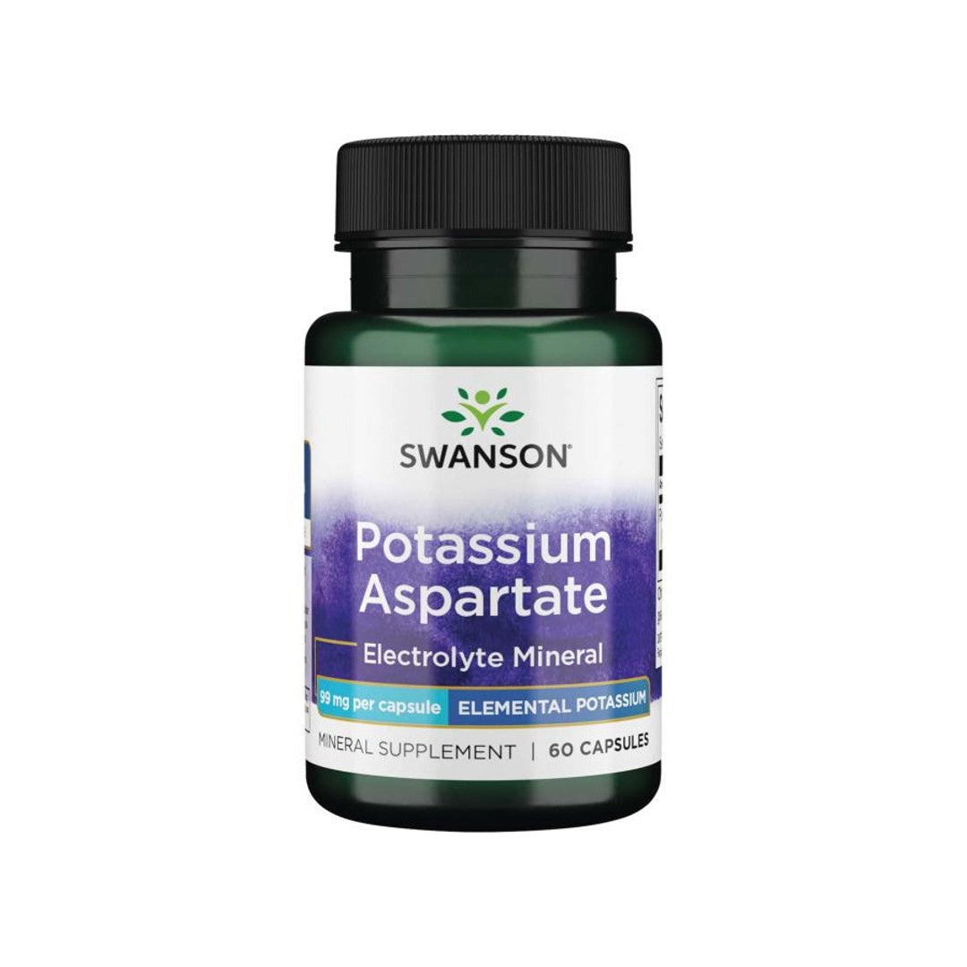 Un flacone di integratore alimentare Swanson's Potassio Aspartato - 99 mg 90 capsule.