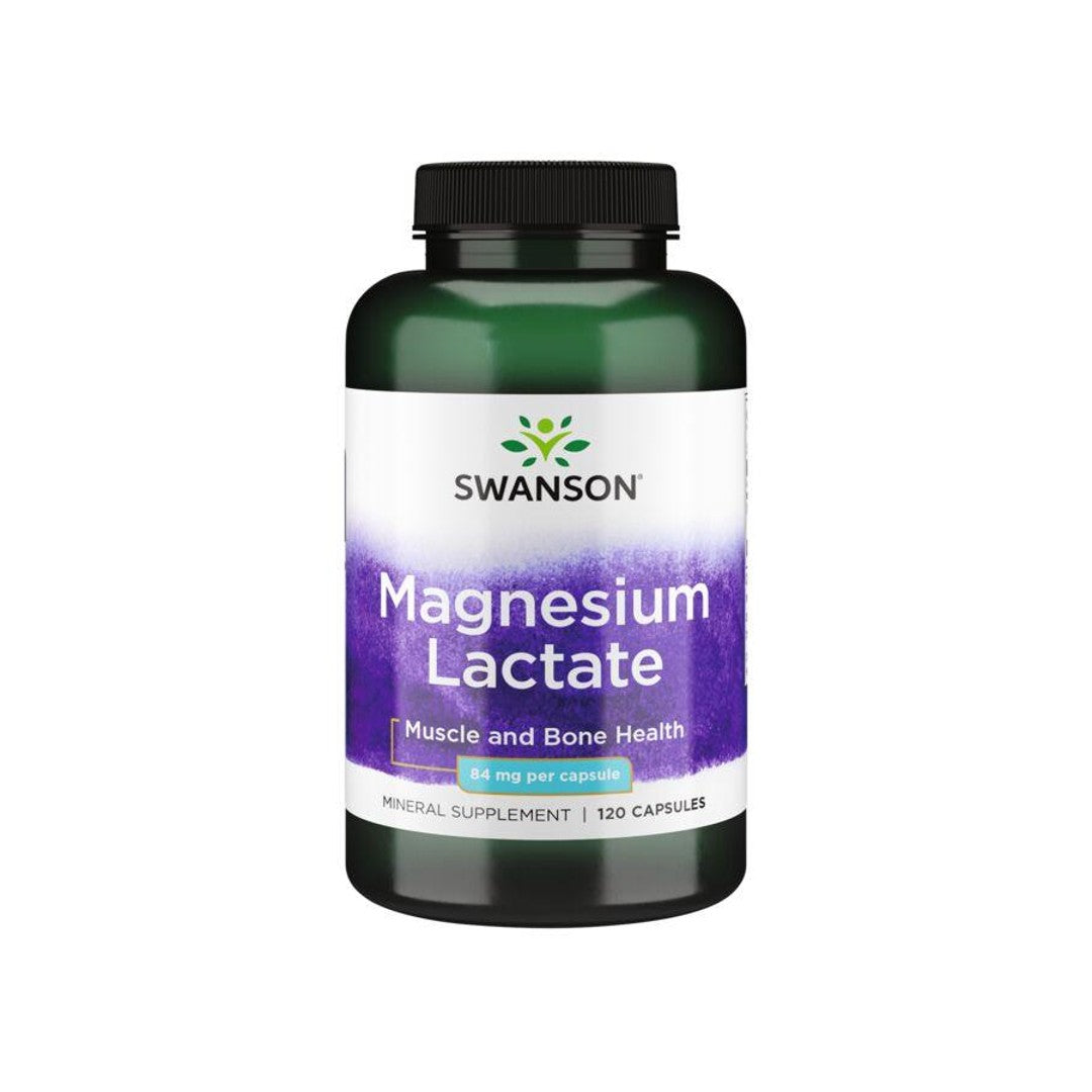 Un flacone di Swanson Magnesio Lattato - 84 mg 120 capsule.