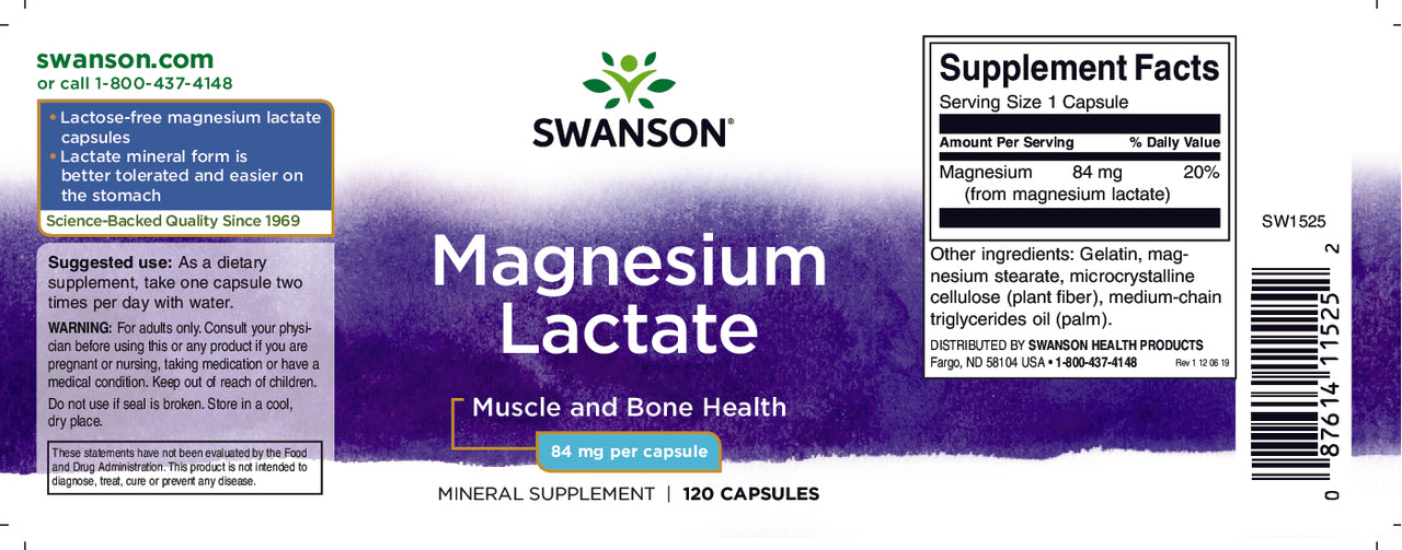 SwansonMagnesio Lattato - 84 mg 120 capsule.