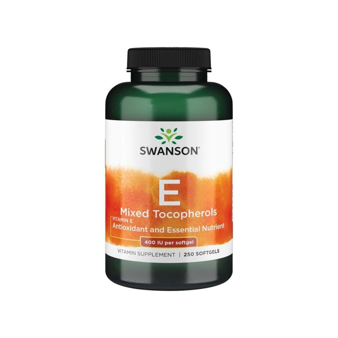 Un flacone di Swanson Vitamina E - 400 UI 250 softgel Tocoferoli misti, che fornisce un supporto antiossidante per la salute cardiovascolare.