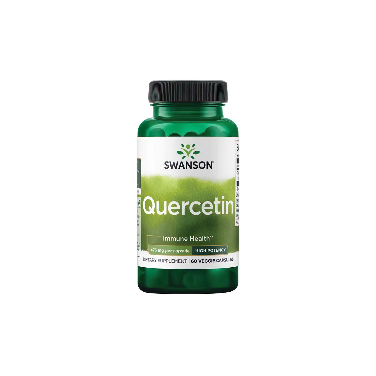 Un flacone di Swanson Quercetin 475 mg 60 vcaps, un potente antiossidante per il sistema immunitario, su uno sfondo bianco.