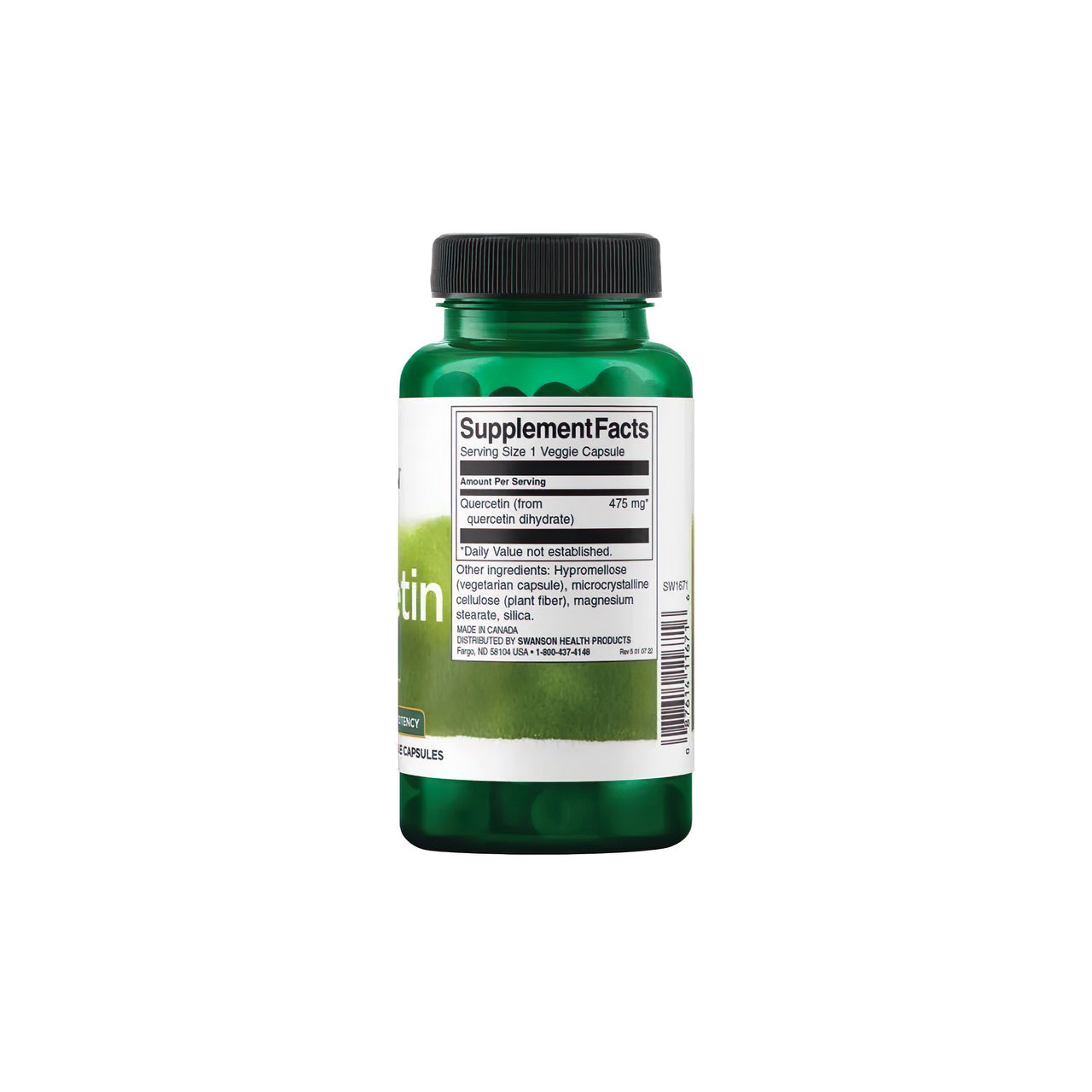Un flacone di Quercetina 475 mg 60 vcaps di Swanson su sfondo bianco, ricco di antiossidanti, che promuove i benefici per il sistema immunitario e i vasi sanguigni.