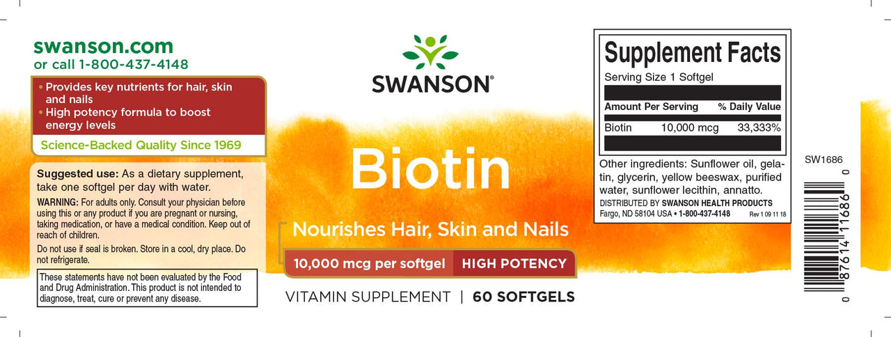 Swanson Biotina - 10000 mcg 60 softgel Etichetta dell'integratore alimentare.
