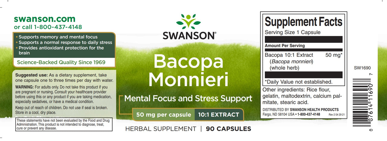 Swanson Estratto di Bacopa Monnieri 10:1 - Integratore alimentare da 50 mg.