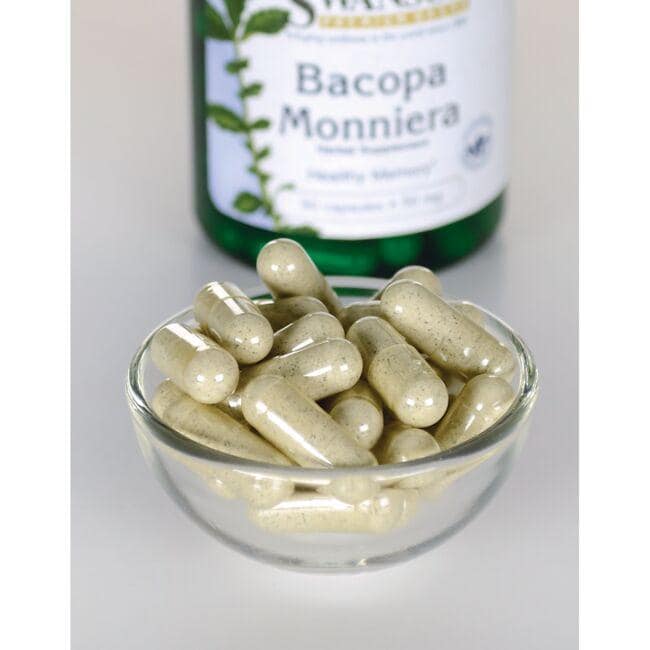 SwansonIntegratore alimentare di Bacopa Monnieri - 50 mg 90 capsule in una ciotola accanto a una bottiglia.