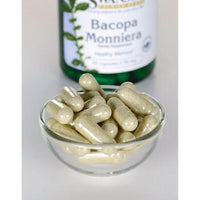 Miniatura di Swanson Integratore alimentare di Bacopa Monnieri - 50 mg 90 capsule in una ciotola accanto a una bottiglia.