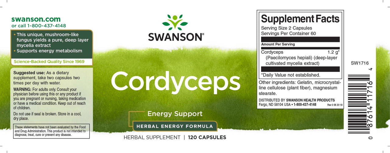 L'etichetta di Swanson Cordyceps - 600 mg 120 capsule.