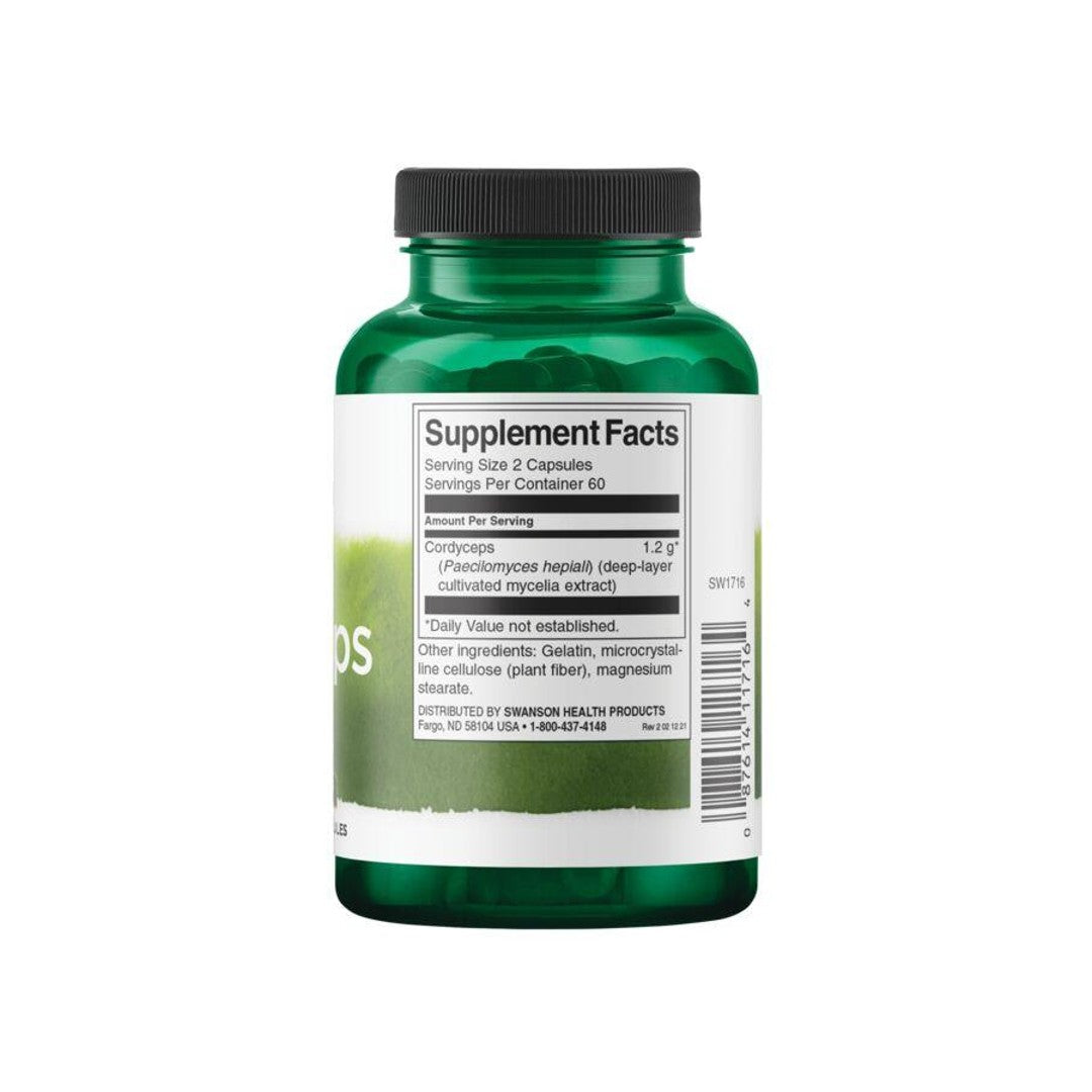 Un flacone di Swanson Cordyceps - 600 mg 120 capsule con un'etichetta.