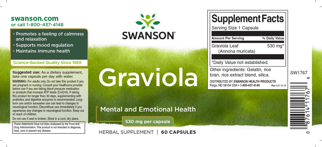 L'etichetta di Swanson Graviola - 530 mg 60 capsule.