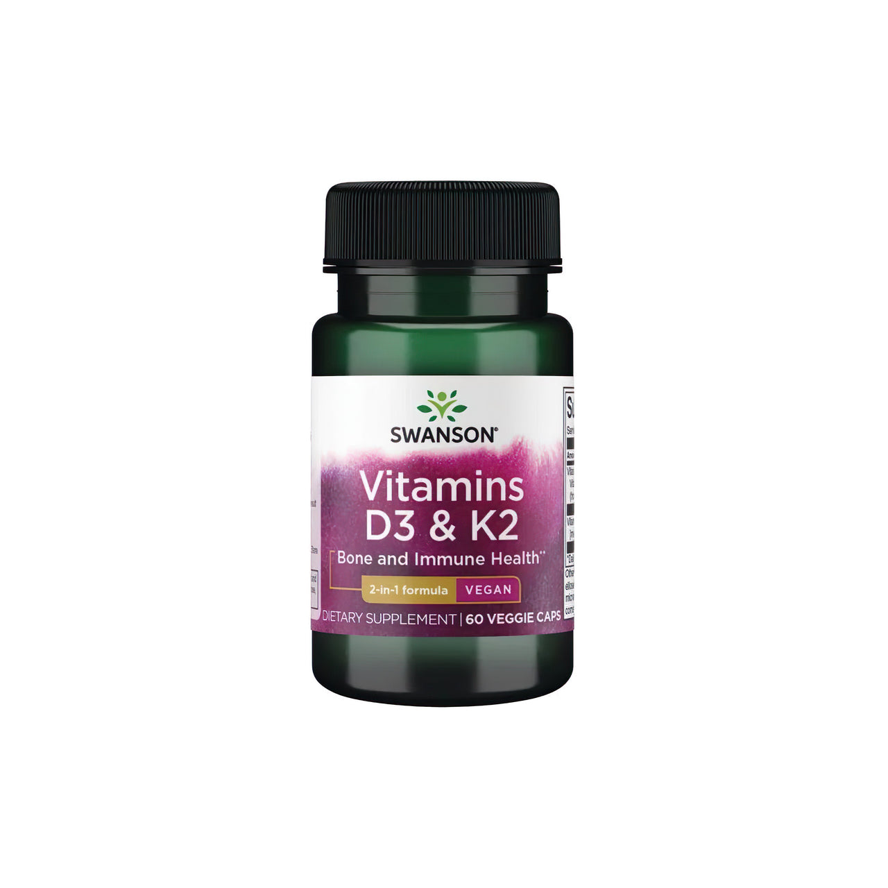 A bottle of Swanson Vitamins D3 2000 IU & K2 75 mcg 60 Vegetable Capsules for bone health and enhanced calcium absorption.
