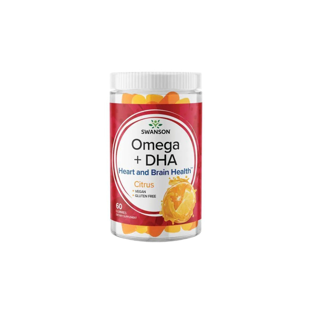 Un barattolo di Swanson Omega plus DHA 60 gummies - Citrus su sfondo bianco, che fornisce acidi grassi essenziali per promuovere la salute del cuore e gestire i livelli di colesterolo e trigliceridi.