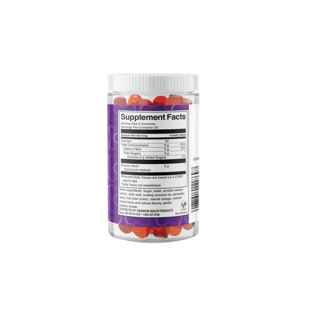 Un barattolo di Swanson Fiber 5000 mg 60 gummies Orange & Mixed Berry su uno sfondo bianco.