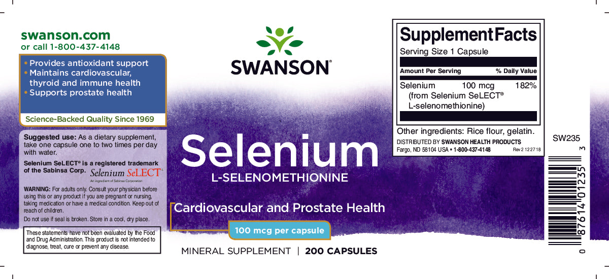 SwansonSelenium - 100 mcg 200 capsule L-Selenometionina è un prodotto di supporto antiossidante di alta qualità. Promuove la salute cardiovascolare e offre eccellenti benefici per la salute della prostata.