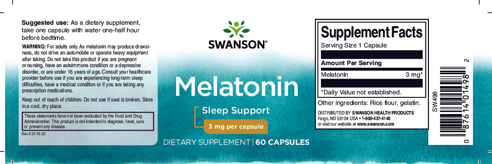 Un flacone di Swanson Melatonina - 3 mg 60 capsule per il supporto del sonno.