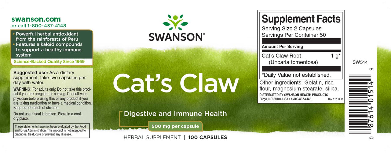 SwansonArtiglio di gatto - 500 mg 100 capsule etichetta dell'integratore.
