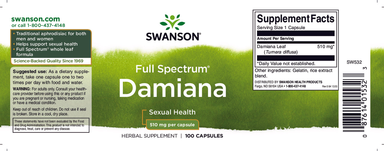 Un'etichetta per la Damiana di Swanson- 510 mg 100 capsule.