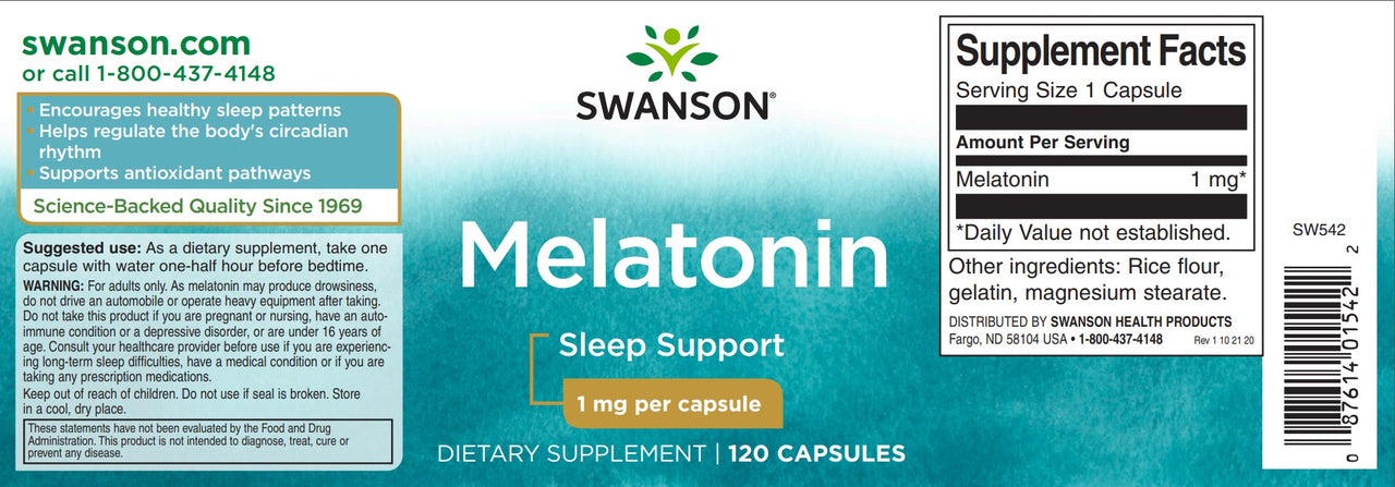 L'etichetta di Swanson Melatonin - 1 mg 120 capsule.