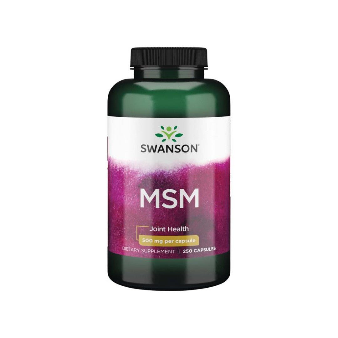 Un flacone di Swanson MSM - 500 mg 250 compresse su sfondo bianco, che promuove la salute delle articolazioni e dei capelli/pelle.