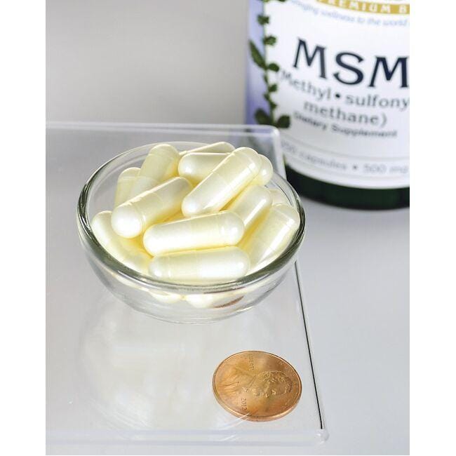 Swanson MSM - 500 mg 250 compresse in una ciotola accanto a una monetina per promuovere la salute delle articolazioni e dei capelli.
