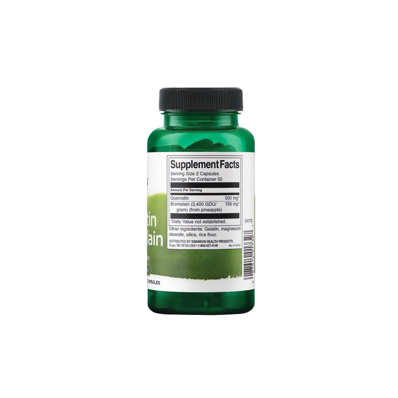 Un flacone di Swanson's Quercetin with Bromelain 100 caps, un nutriente essenziale per il sistema immunitario, su uno sfondo bianco.