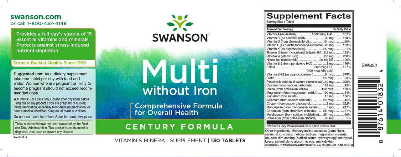 L'etichetta di Swanson Multi senza ferro - 130 compresse fornisce minerali e vitamine essenziali per colmare le lacune nutrizionali.