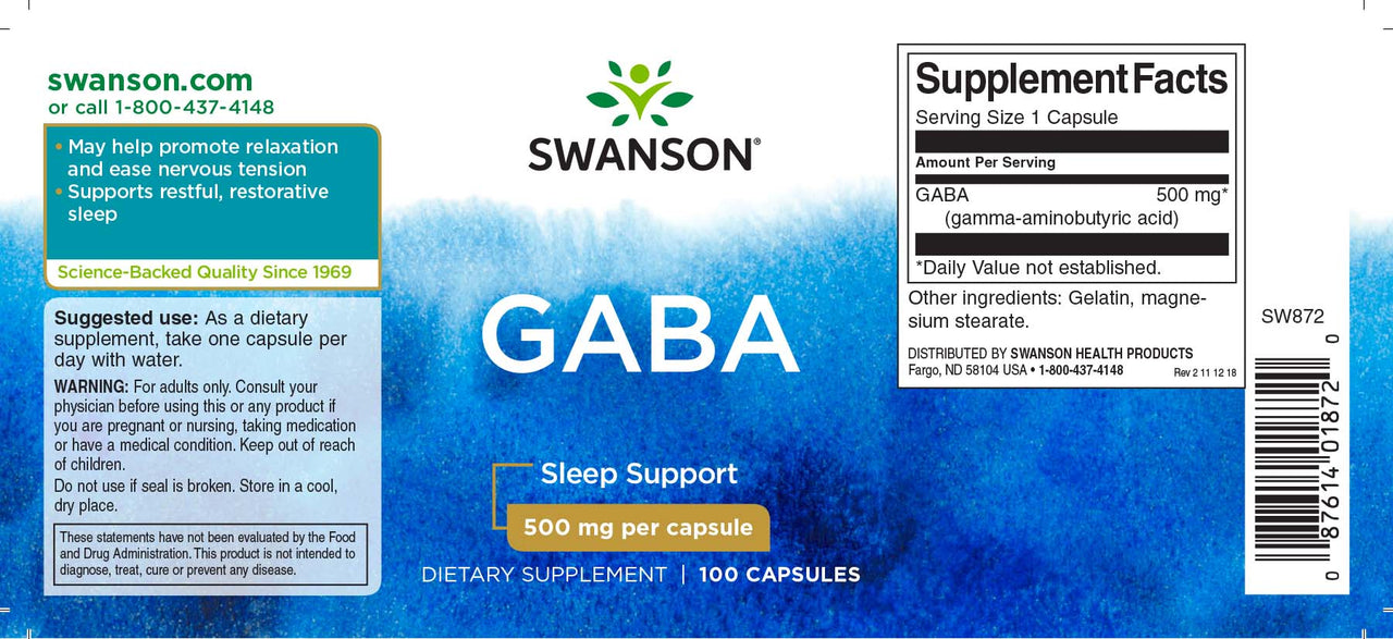 Swanson GABA - 500 mg 100 capsule etichetta dell'integratore.