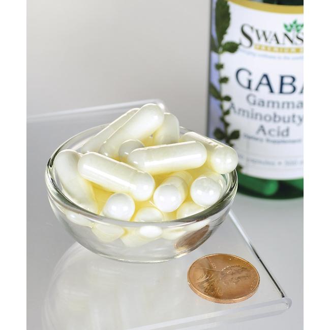 Un flacone di Swanson GABA - 500 mg 100 capsule e un centesimo accanto.