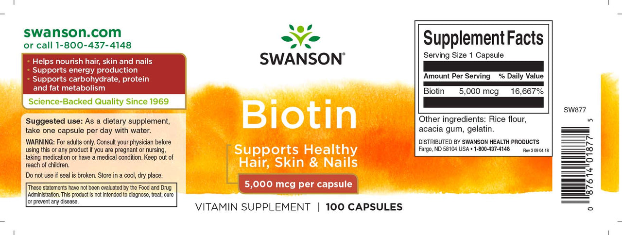 Swanson Biotina - 5 mg 100 capsule Etichetta dell'integratore alimentare.
