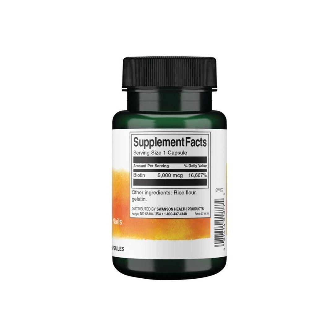 Flacone di integratore alimentare Biotin - 5 mg 100 capsule di Swanson su sfondo bianco.