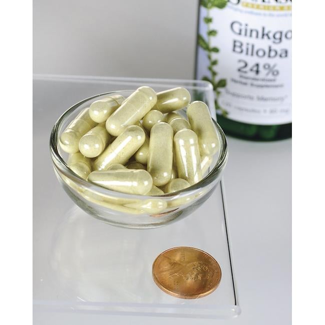 Swanson Estratto di Ginkgo Biloba 24% - 60 mg 120 capsule in una ciotola accanto a un penny.