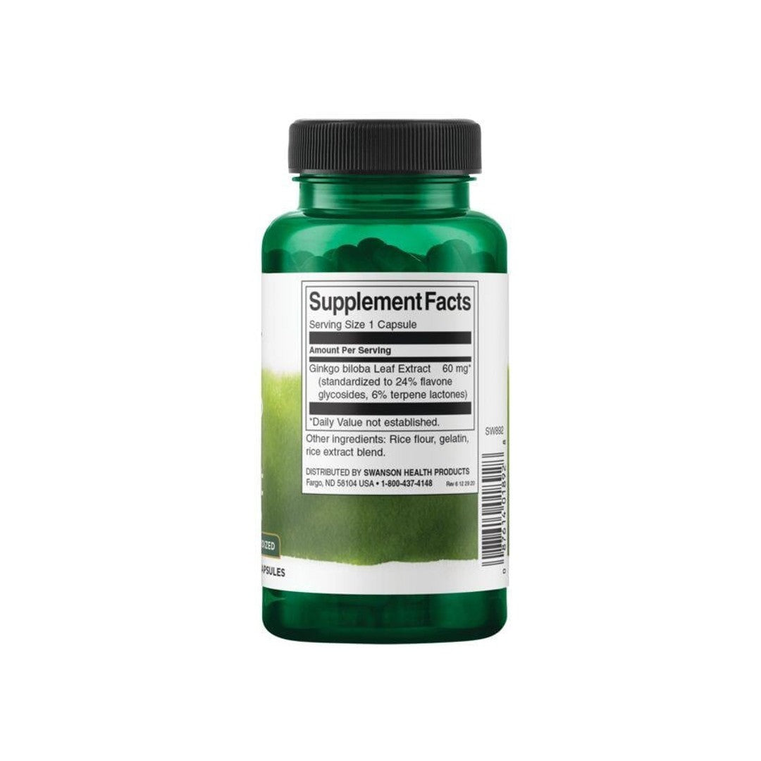 Un flacone di Swanson's Ginkgo Biloba Extract 24% - 60 mg 120 capsule su uno sfondo bianco.