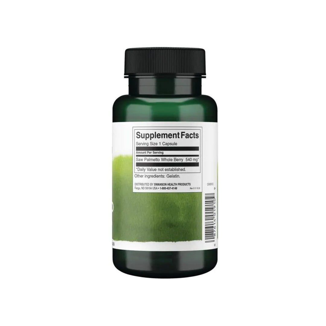 Un flacone di Saw Palmetto - 540 mg 100 capsule di Swanson con supporto alla prostata su sfondo bianco.