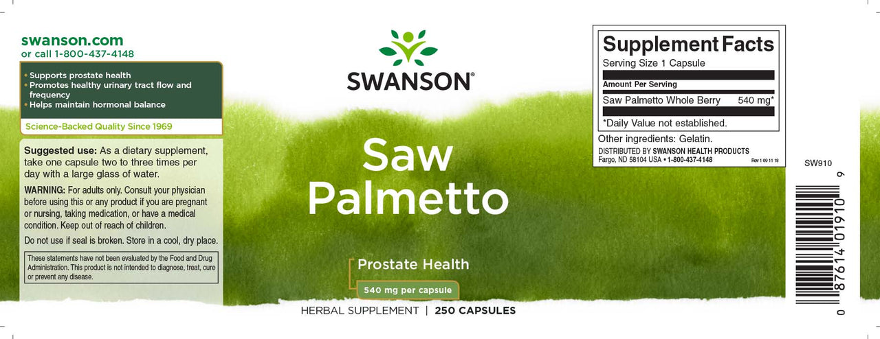 Swanson L'integratore Saw Palmetto - 540 mg 250 capsule promuove la salute della prostata e favorisce il flusso del tratto urinario.