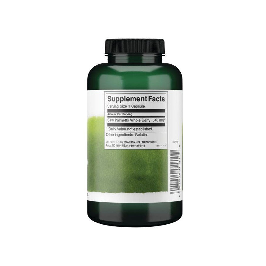 Un flacone di integratore di tè verde con Swanson Saw Palmetto - 540 mg 250 capsule per la salute della prostata e il miglioramento del flusso urinario su uno sfondo bianco.