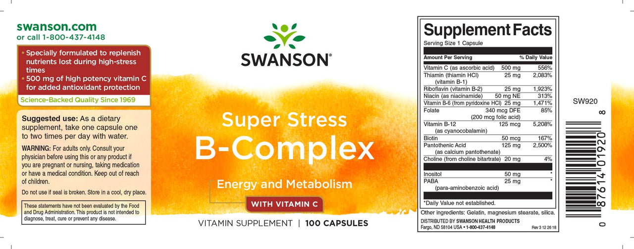 Swanson Complesso B con vitamina C - 500 mg 100 capsule etichetta.