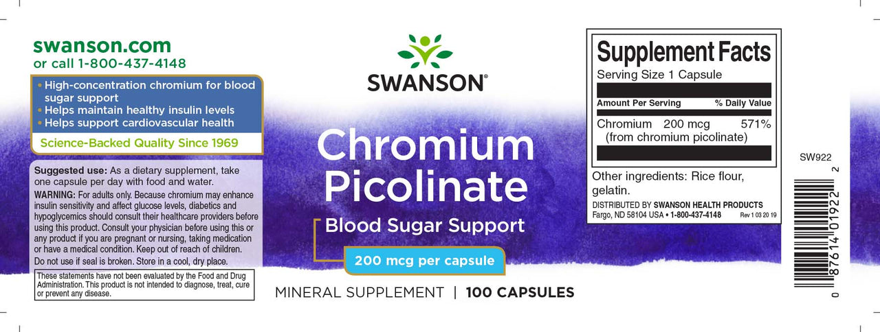 Un'etichetta con Swanson Cromo picolinato - 200 mcg 100 capsule.