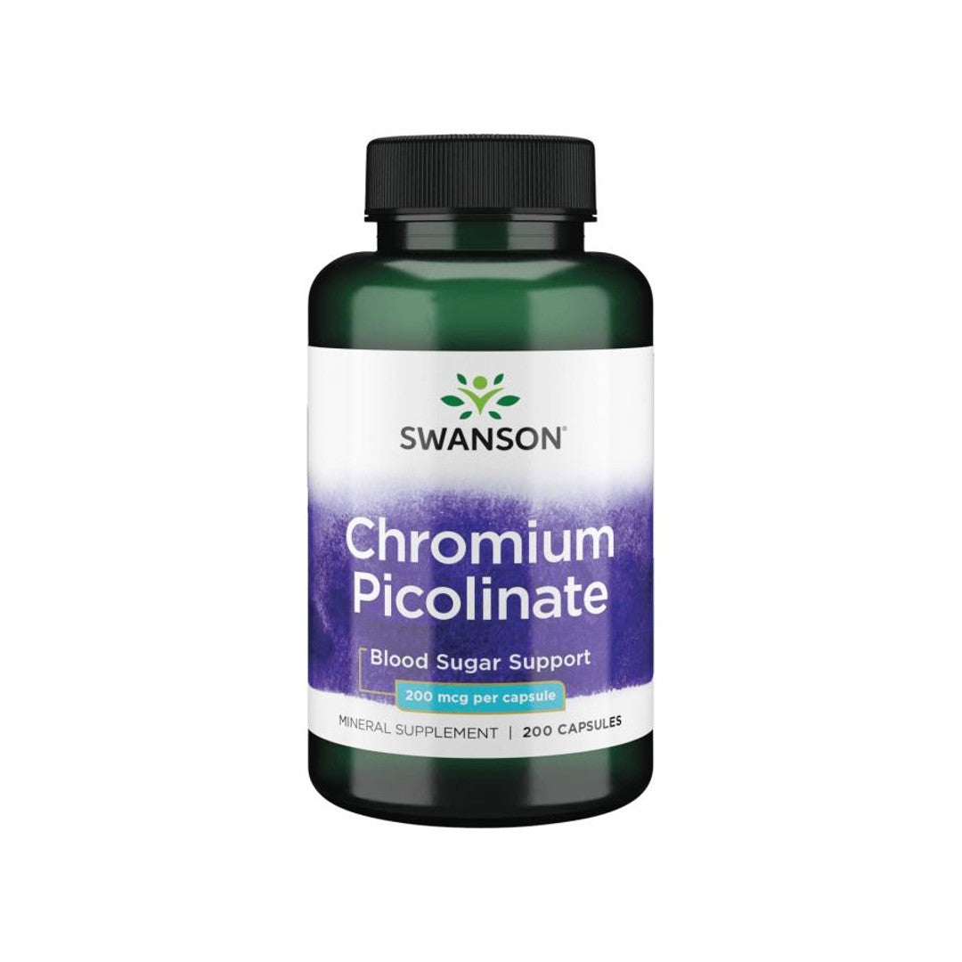 The Swanson Chromium Picolinate 200 mcg dietary supplement, known for blood sugar support and weight loss, includes 200 capsules.