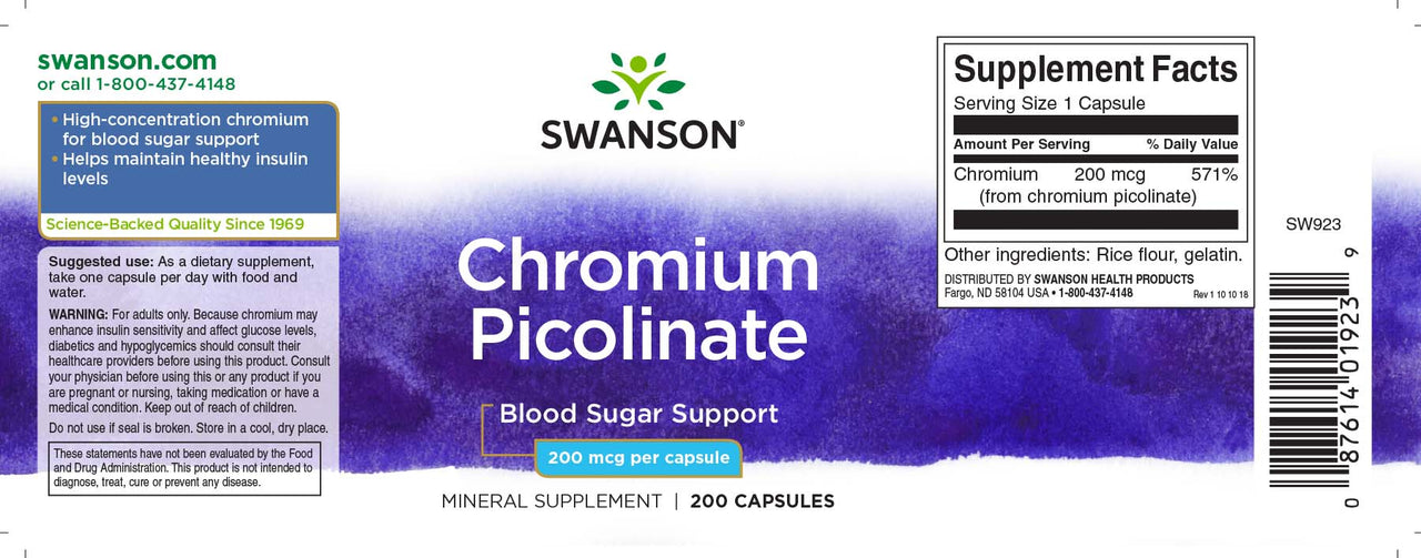 Un flacone di Swanson Cromo picolinato - 200 mcg 200 capsule.