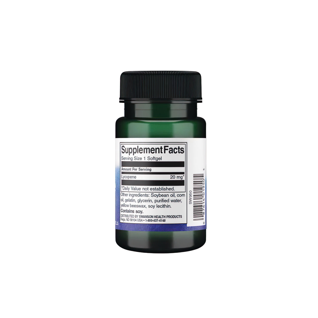 Un flacone di Swanson Lycopene 20 mg 60 sgels su uno sfondo bianco.