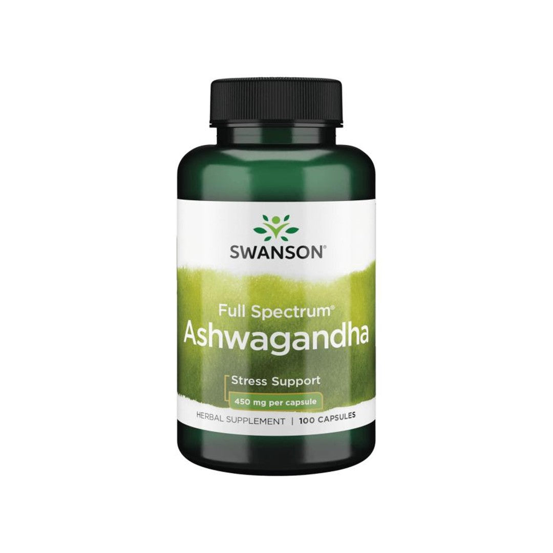 Un flacone di Swanson's Ashwagandha - 450 mg 100 capsule integratore.