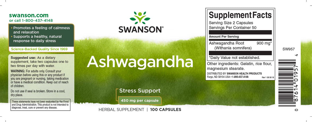 L'etichetta di Swanson Ashwagandha - 450 mg 100 capsule.