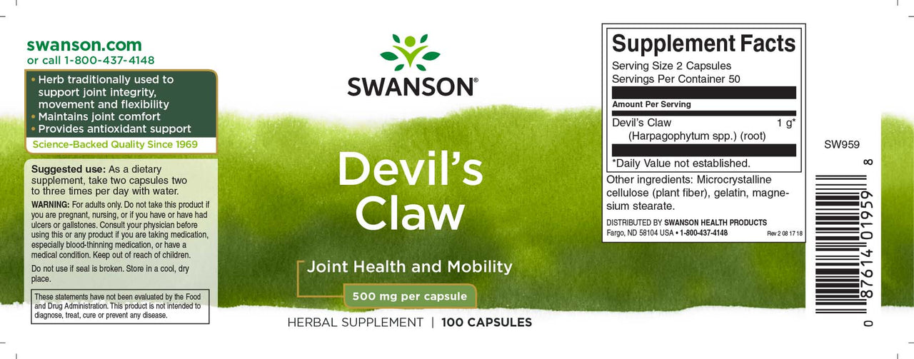 L'etichetta di Swanson'Artiglio del Diavolo - 500 mg 100 capsule.