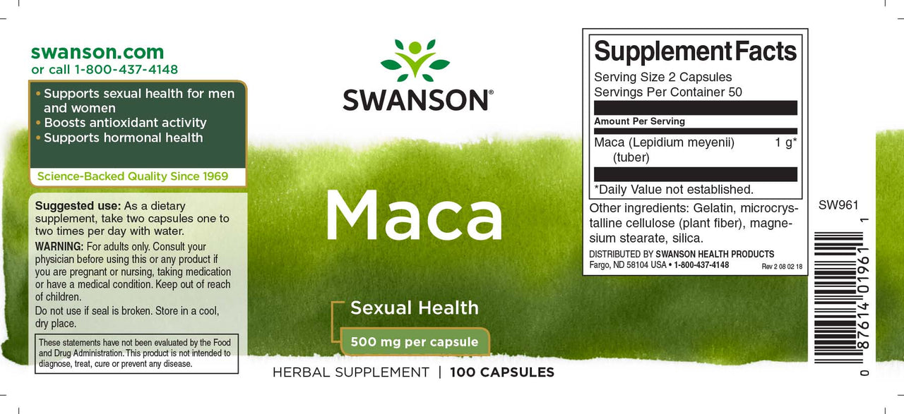L'etichetta di Swanson Maca - 500 mg 100 capsule.