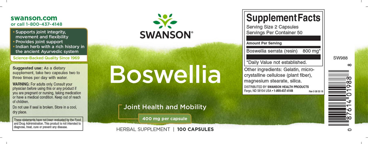 L'etichetta dell'integratore alimentare Boswellia - 400 mg 100 capsule di Swanson.