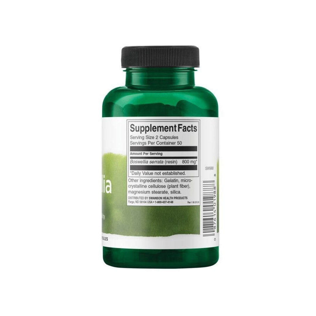 Flacone di integratore alimentare Swanson Boswellia - 400 mg 100 capsule su sfondo bianco.