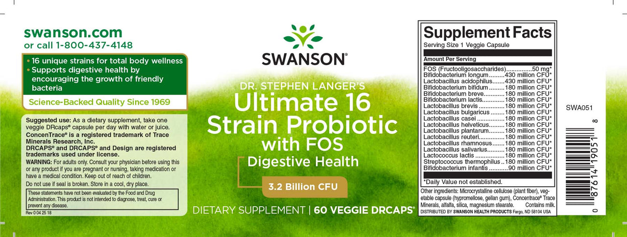 Swanson Dr. Stephen Langer 16 ceppi probiotici con FOS - 60 capsule vegetali.