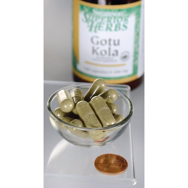 Un flacone di Swanson Gotu Kola Extract - 100 mg 120 capsule si trova accanto a una ciotola.